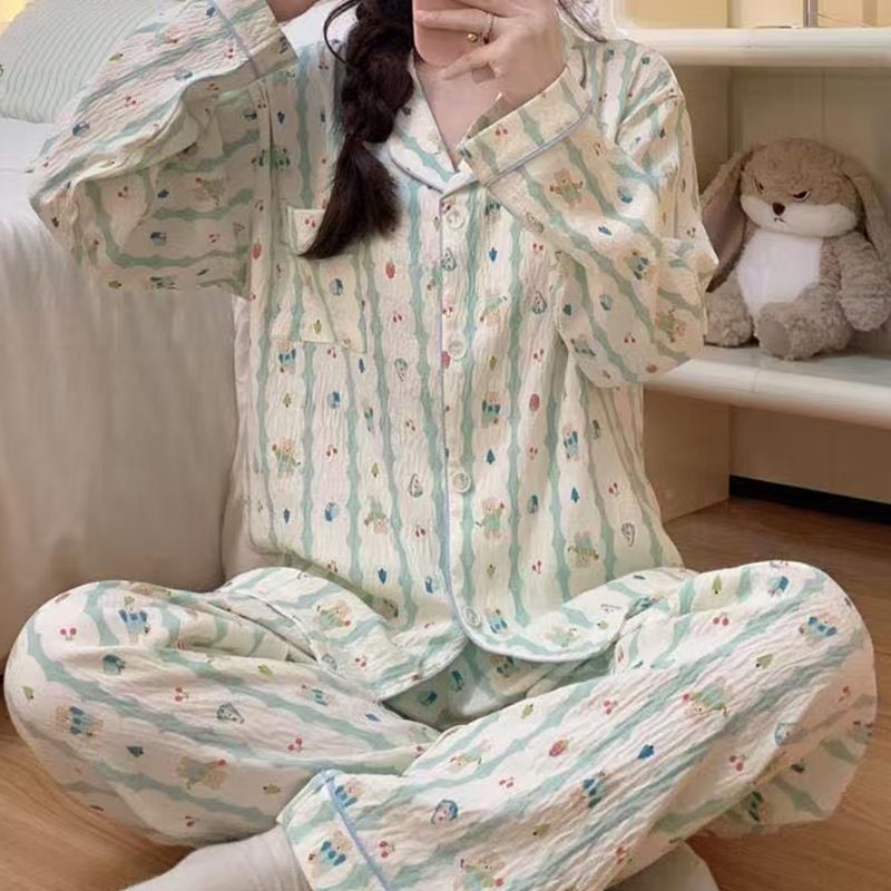 Pijamas de algodón nubes al por mayor transfronterizos primavera y otoño nuevos pantalones de manga larga de dibujos animados cardigan se pueden usar con ropa de casa