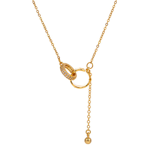 Korean-inspired Instagram-style golden interlocking tassel double hoop necklace for women, unique niche luxury design, trendy collarbone chain