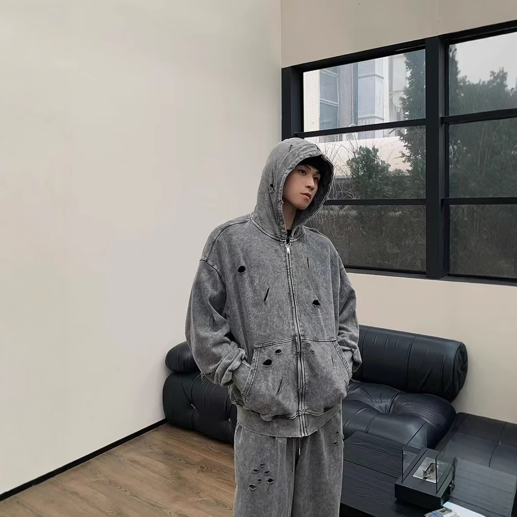 대외 무역 가을과 겨울 찢어진 후드 스웨터 남성용 세탁 무거운 무게 느슨한 올매치 레트로 커플의 미국 스타일 패션 브랜드 탑