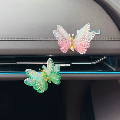 Car ornaments ornament for electric vehicle interior - 2-diamond-encrusted-three-dimensional-butterflies-pink-green-with-adhesive