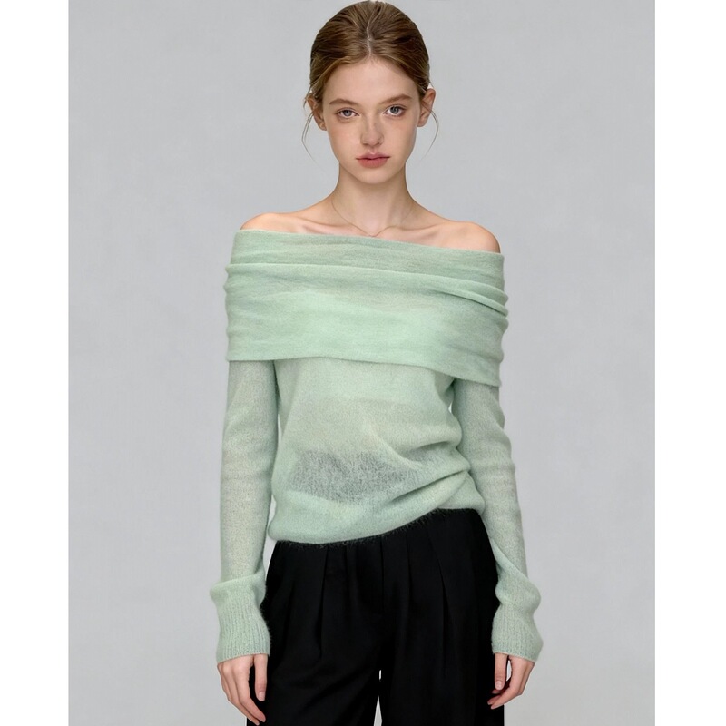 Mint Green Slightly Sheer One-Shoulder Knit Top for Women, 2026 Spring New Style, Long-Sleeved, Stunning French-Style Top with a Unique Vibe