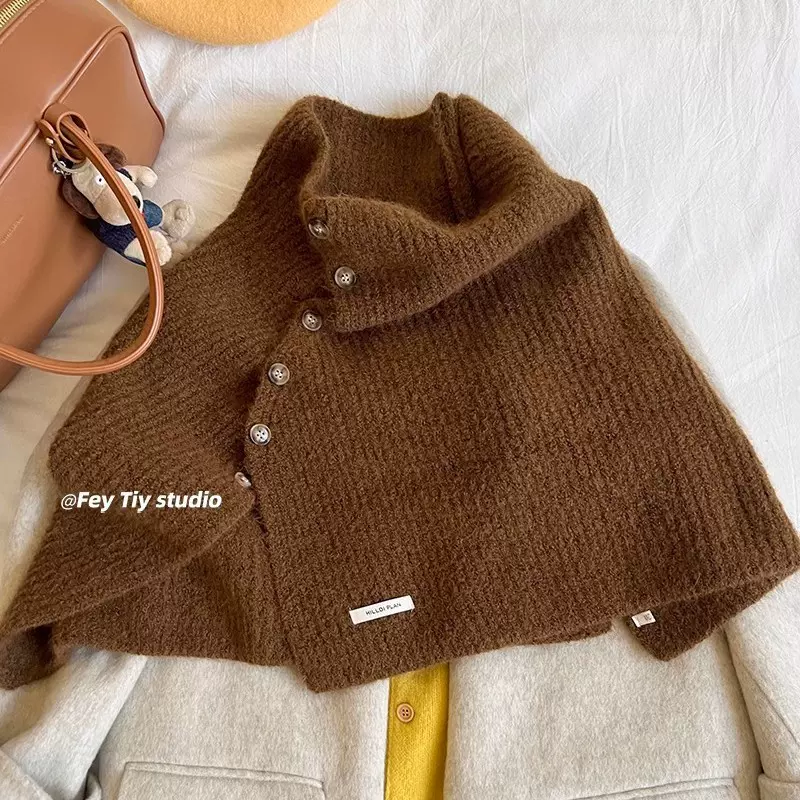 时髦慵懒风披肩斗篷女冬季高领韩系纽扣毛线针织外搭户外保暖披肩