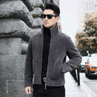 Clearance Sale: Haining Sheepskin Men's Stand Collar Textured Lamb Wool Jacket, Thickened Winter Coat