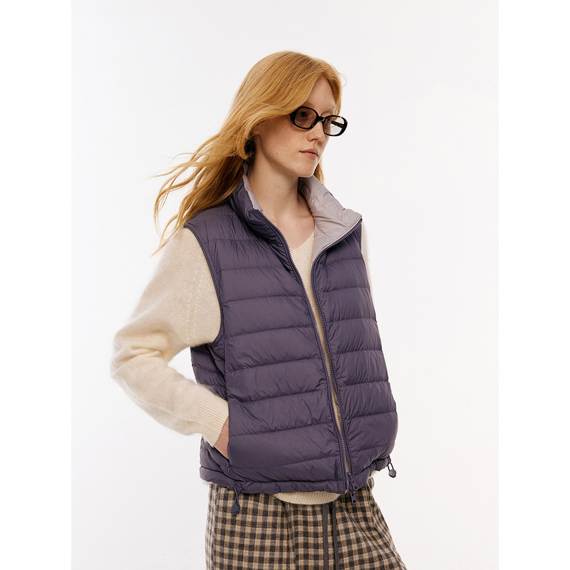 DT ETOLIE versatile color-block reversible 90% white duck down stand-up collar vest, women's down jacket, D8470