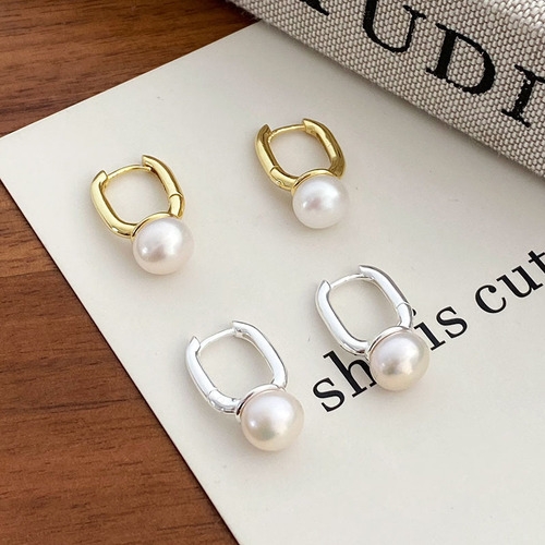 s925 sterling silver freshwater pearl shaped earrings for women Xiaohongshu blogger same style ins French light luxury geometric earrings