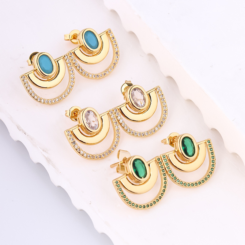 Boucles d'oreilles polyvalentes haut de gamme de niche pour femmes, nouvelles boucles d'oreilles à tige semi-rondes creuses micro-incrustées de zircons, haute rétention de couleur_voghion.com