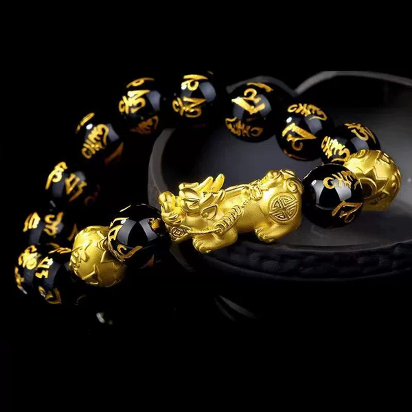 Vietnamese Sand Gold Imitation Obsidian Pixiu Bracelet for Men and Women, Six-Word Mantra, Wealth-Attracting Buddha Bead Bracelet, Gift Promotion