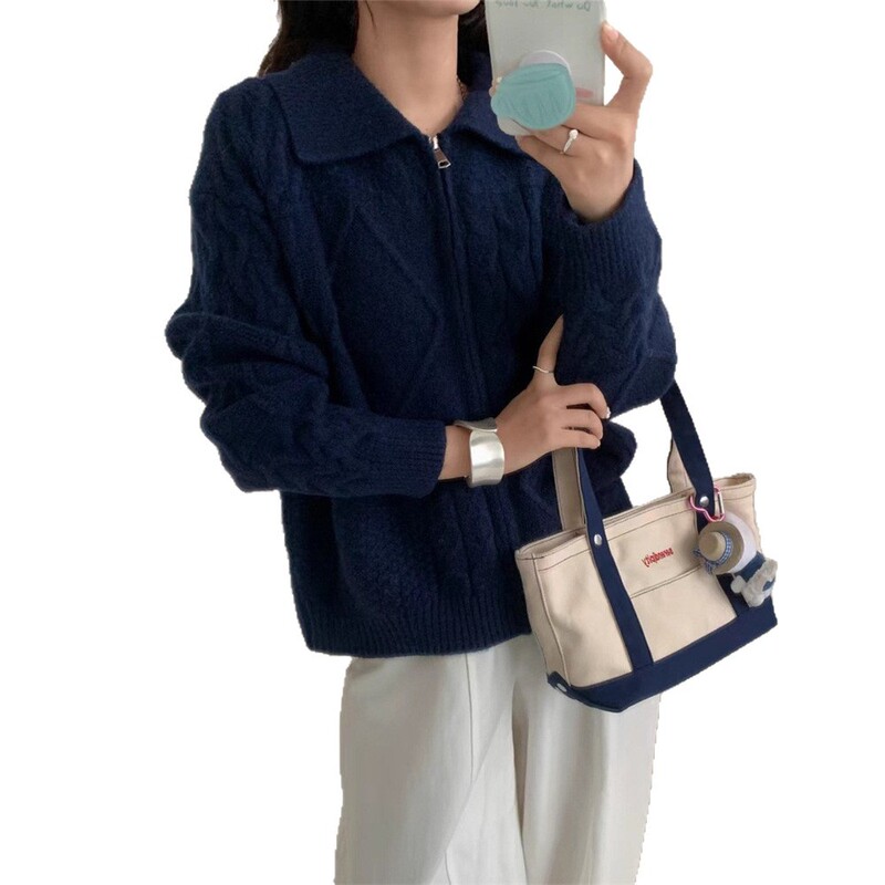 韩系复古麻花翻领拉链毛衣女秋冬新款慵懒风宽松厚实针织开衫外套|undefined