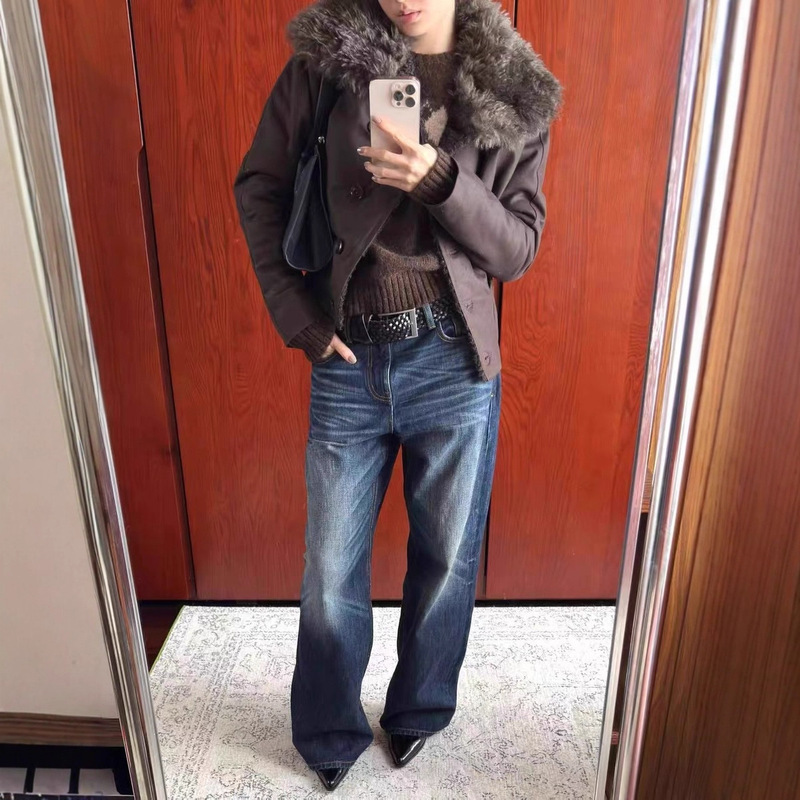 New Slim and Versatile 080H High-Waisted 100% Cotton Retro Dark Blue Straight Wide-Leg Jeans for Women 5037