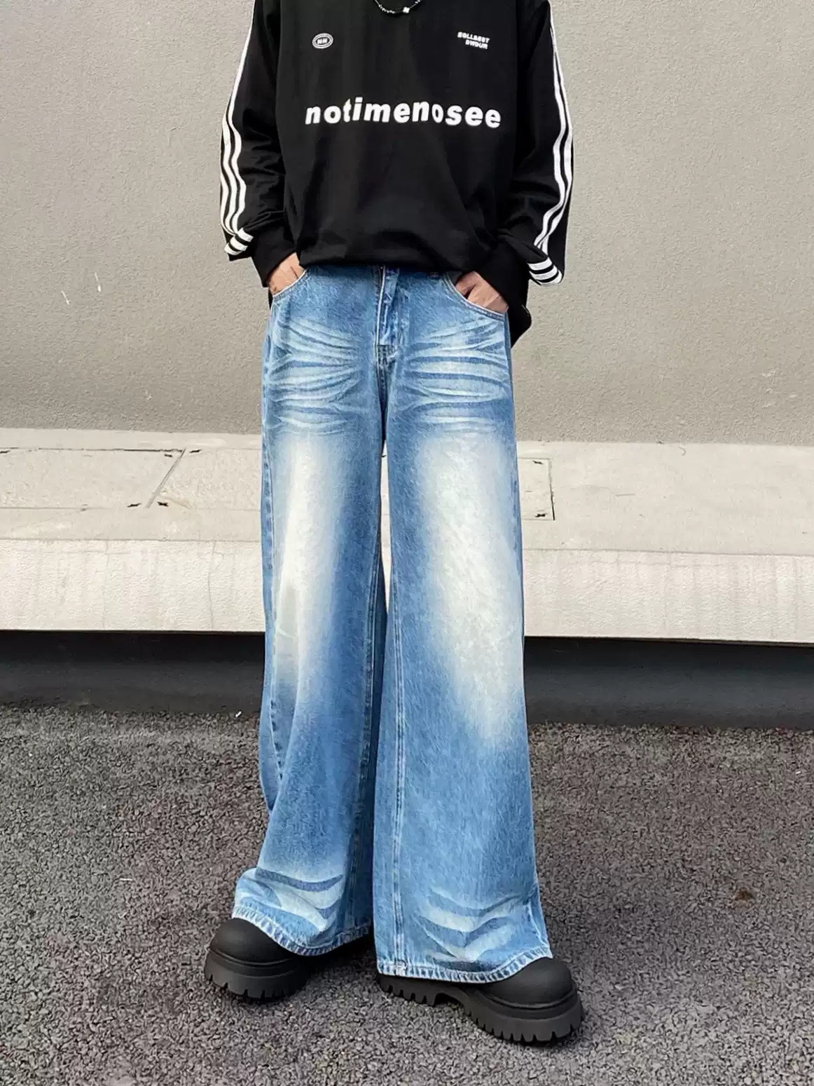 Vintage Washed Blue Wide Leg Jeans For Men & Women | Retro Loose Fit Straight Denim Pants | High Waist Comfort Styling_mkmklike.com