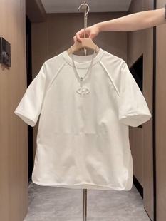 Summer Zipper Embroidered Round Neck Short-Sleeved T-Shirt Men's Trendyy Versatile Pure Color Tops Couple Casual Ins Loose Half-Sleeves
