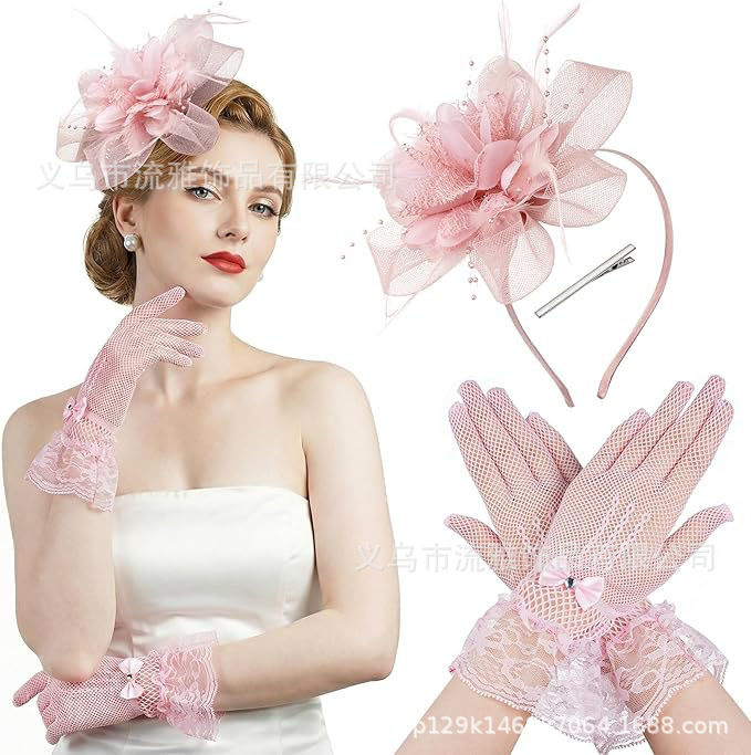 European and American Feather Headpiece, Mesh Headband, Gloves, Necklace Set, Racing Club Headwear, Vintage Bridal Hair Accessory Set