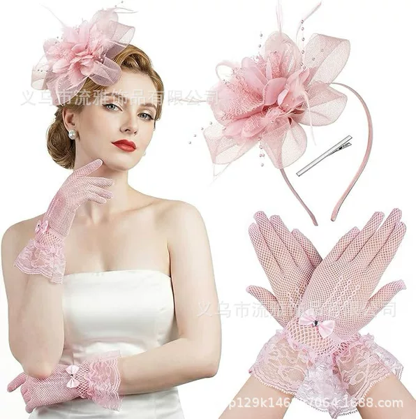 European and American Feather Headpiece, Mesh Headband, Gloves, Necklace Set, Racing Club Headwear, Vintage Bridal Hair Accessory Set