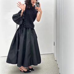 2025年初秋の新作女性用スモールブラックチュチュスカート、ハーフレングスバレエ、フレンチフラワーバドバブルロングアンブレラスカート