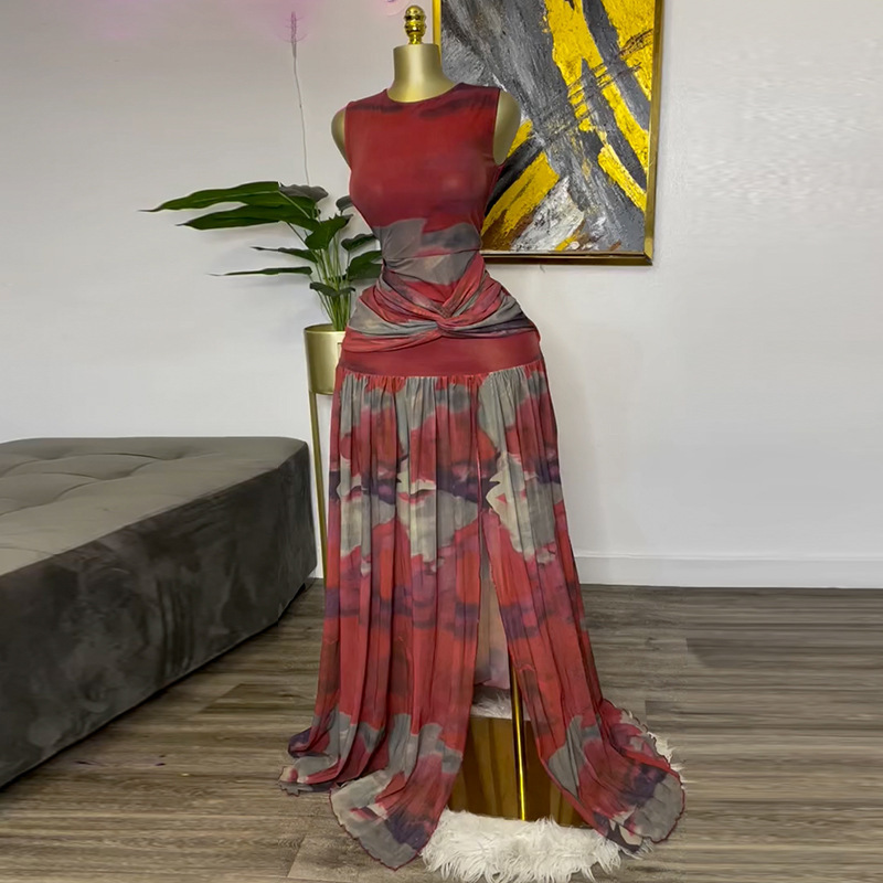 European and American Women's Clothing 2026 Summer New Sweet and Fresh Printed Round Neck High Waist Slit Dress Long Skirt European and American Women's Clothing 2026 Summer New Sweet and Fresh Printed Round Neck High Waist Slit Dress Long Skirt