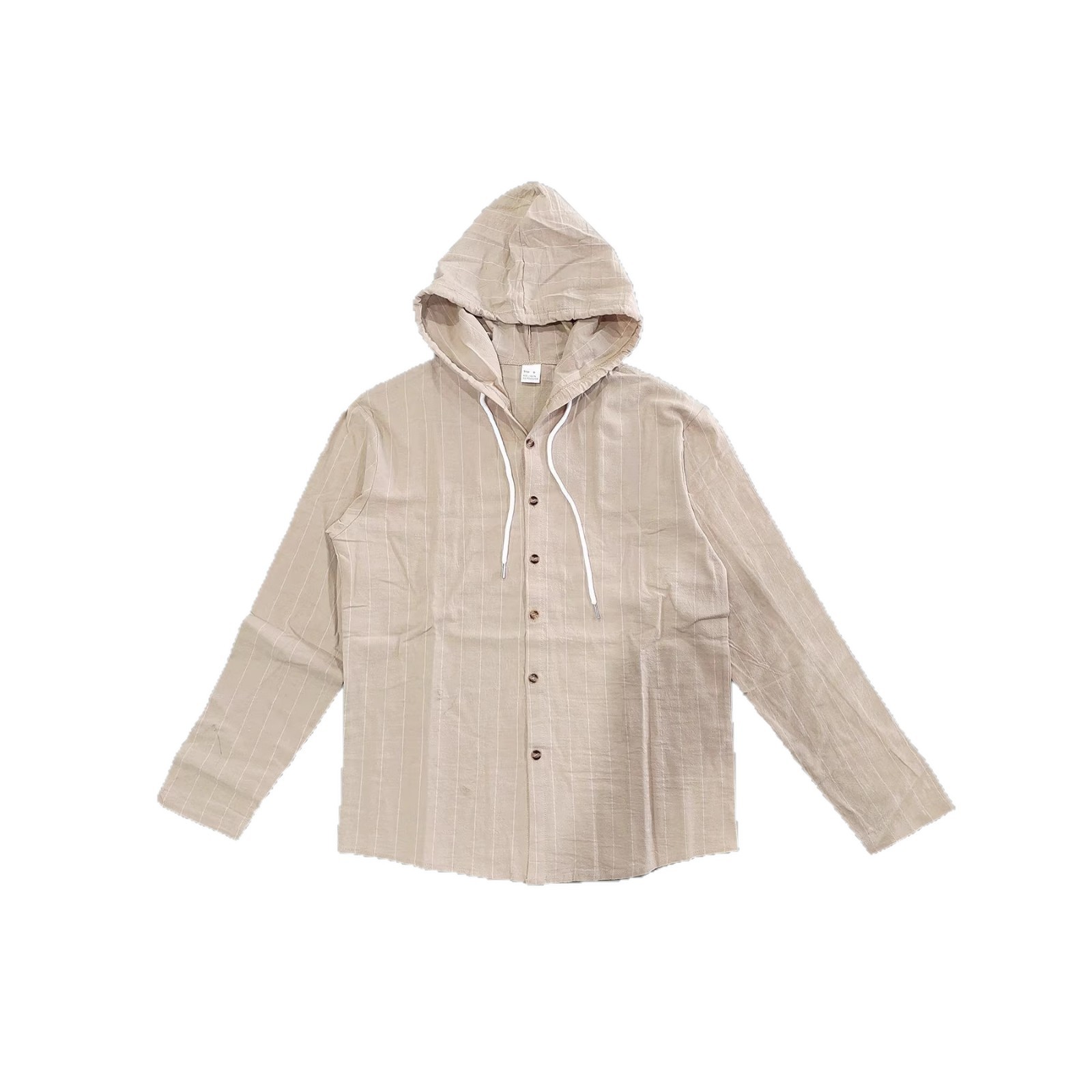 Men's Casual Linen Blend Hooded Button-Up Shirt With Drawstring - Striped Long Sleeve Open Front Shirt For Spring & Summer_voghion.com