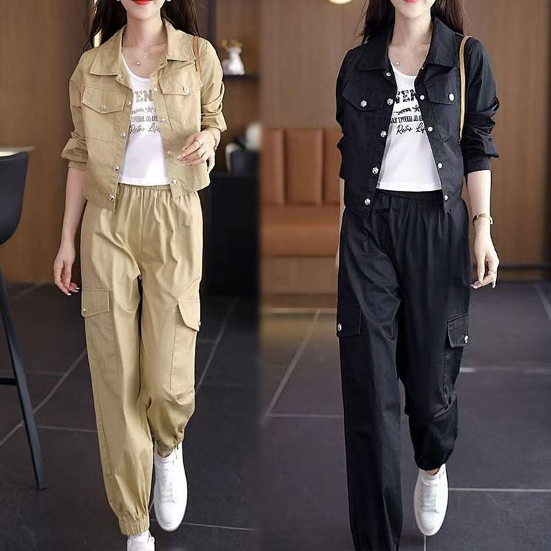 春秋新款时尚减龄洋气大码宽松夹克外套两件套休闲工装套装女|undefined