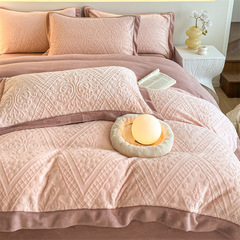冬季輕奢雕花牛奶絨床上四件套加絨加厚被套被罩床單人三件套批發
