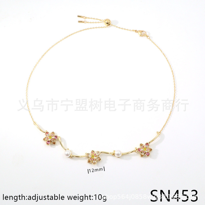 【新品】中国专属系列花朵系列粉白金色花瓣珍珠耳钉项链手链套装|undefined