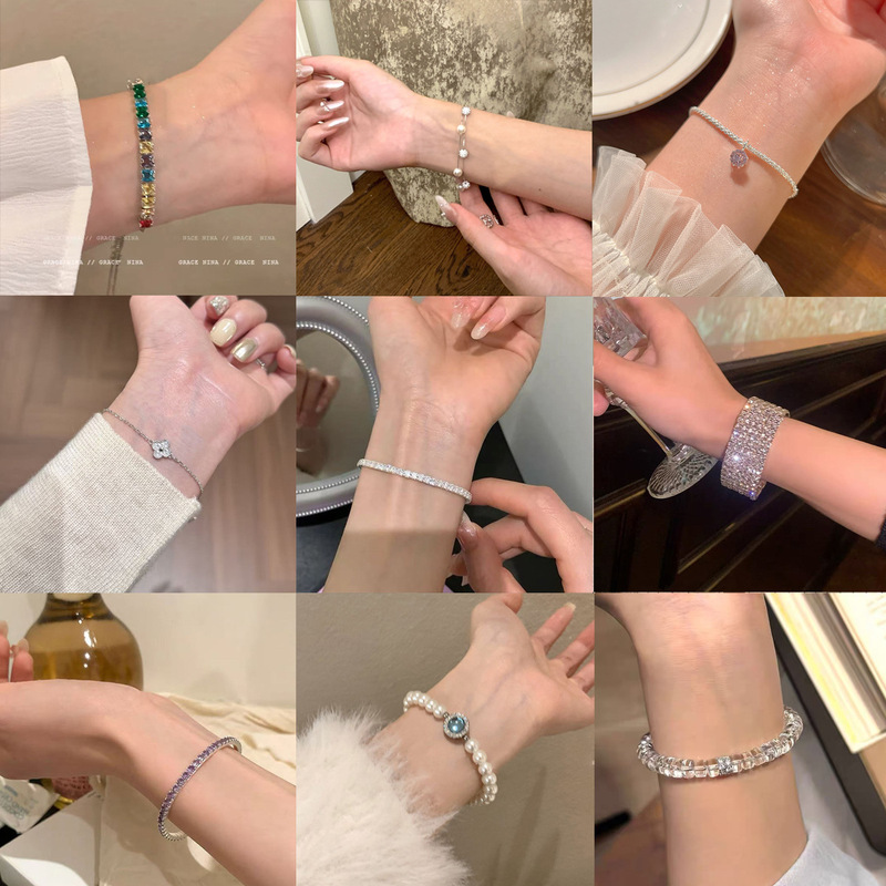 Pure silver versatile sparkling zircon bead bracelet, elegant niche jewelry, simple small diamond wrist accessory, fashionable accessory