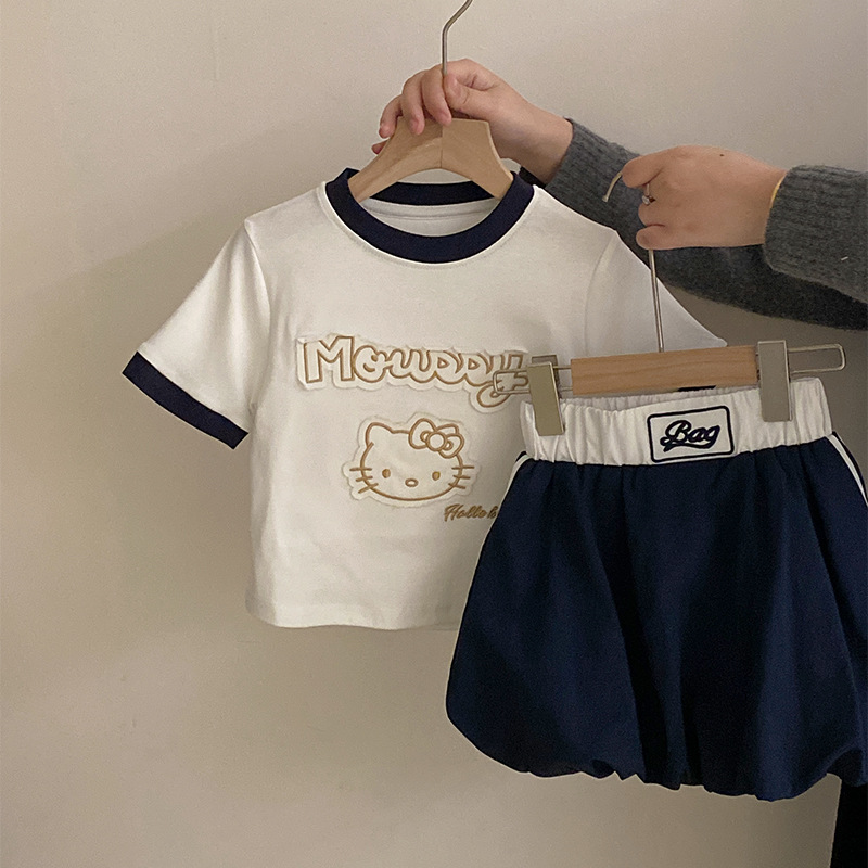 2025 Girl's New Cartoon KT Cat Embroidered Color Matching Round Neck Short Sleeve Top Children's All-match Bud Skirt Two-piece Set