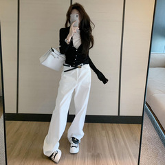 巨好看假两件上衣早秋季撞色辣妹长袖T恤女休闲裤慵懒风时尚套装