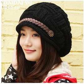 韩版潮保暖护耳针织毛线帽 女士冬季时尚潮卷边皮带帽 帽子批发