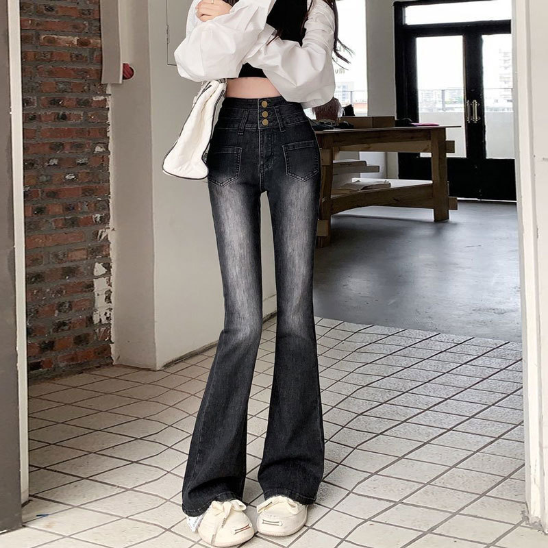 Buckle-breasted design horseshoe Denim pants ultra-high waist black gray Korean stretch straight slim flared trousers for children Buckle-breasted design horseshoe Denim pants ultra-high waist black gray Korean stretch straight slim flared trousers for children