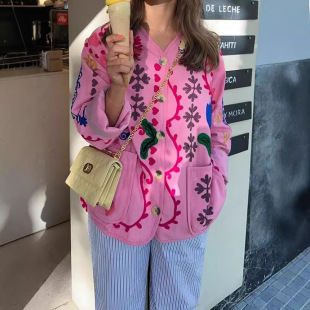 Amazon Women's Wholesale 2024 New Pink Casual Style Flower Long Sleeve Top Single Breasted V-Neck Jacket Women