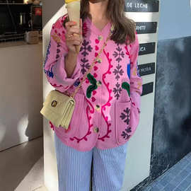 亚马逊女装批发 2024新粉色休闲风花朵长袖上衣单排扣V字领夹克女