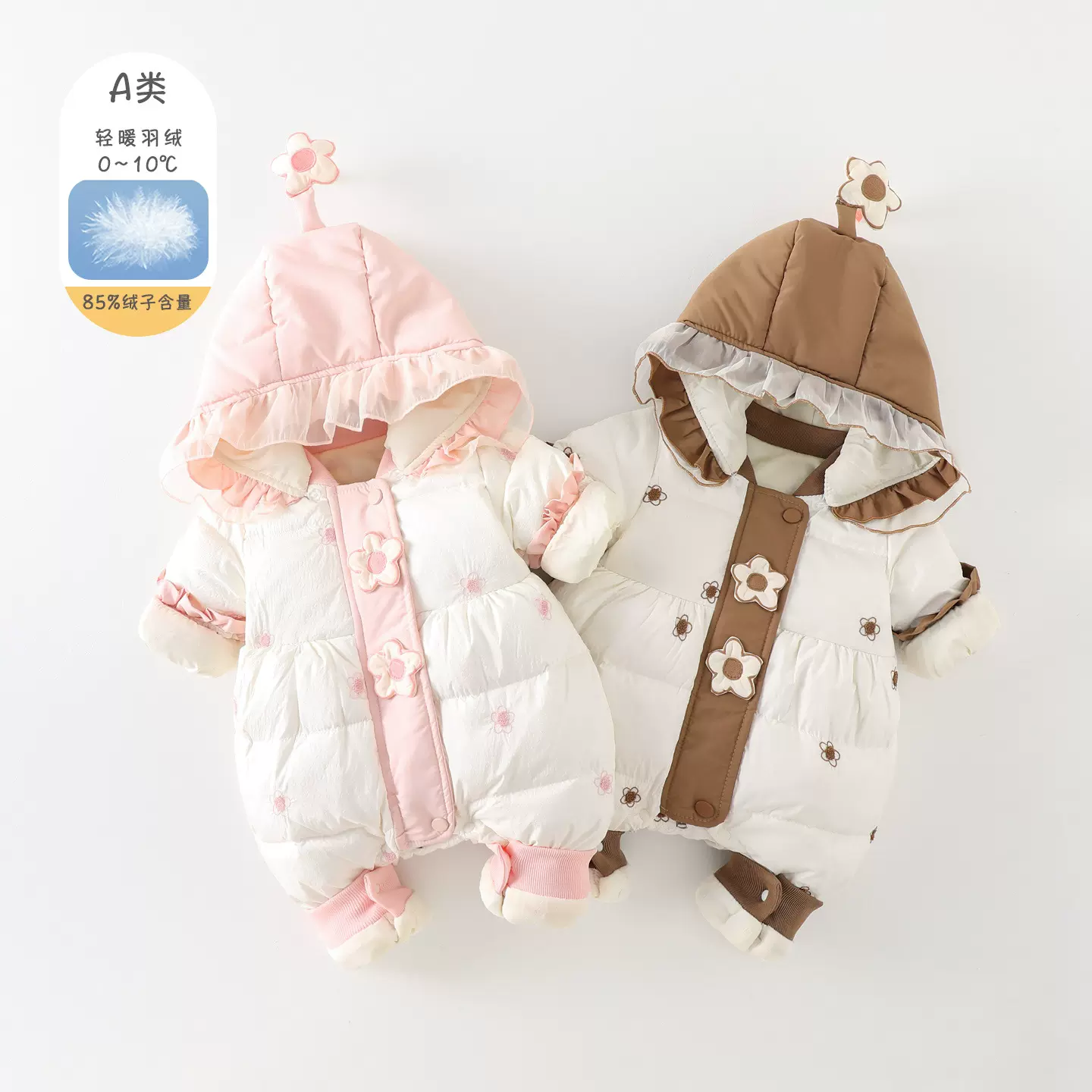 婴儿冬装羽绒服连体衣加绒加厚白鸭绒女宝宝冬季a类外出哈衣爬服