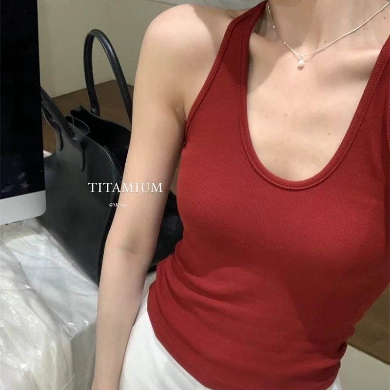 French-style Halter U-neck Camisole Female Girl's Cute White Slim Top Inner Wearing Outer Threaded Top for Women