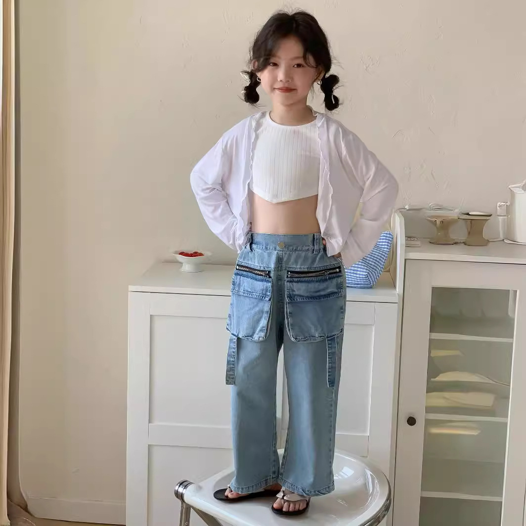 童褲2024夏款女童設計款牛仔褲中大童立體袋褲子女寶闊腿褲長褲
