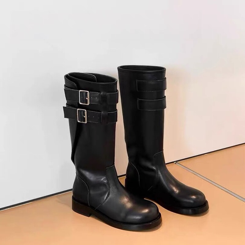 Cowhide~Black Leather Buckle Low-Heeled Mid-Calf Motorcycle Boots, Genuine Leather Autumn and Winter New Style Round-Toe High-Calf Riding Boots for Women Cowhide~Black Leather Buckle Low-Heeled Mid-Calf Motorcycle Boots, Genuine Leather Autumn and Winter New Style Round-Toe High-Calf Riding Boots for Women