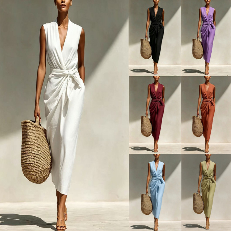 2026 Spring/Summer Cross-Border European and American Amazon Solid Color Wrap Twist V-Neck Sleeveless Cotton-Linen Feel Mid-Length Dress