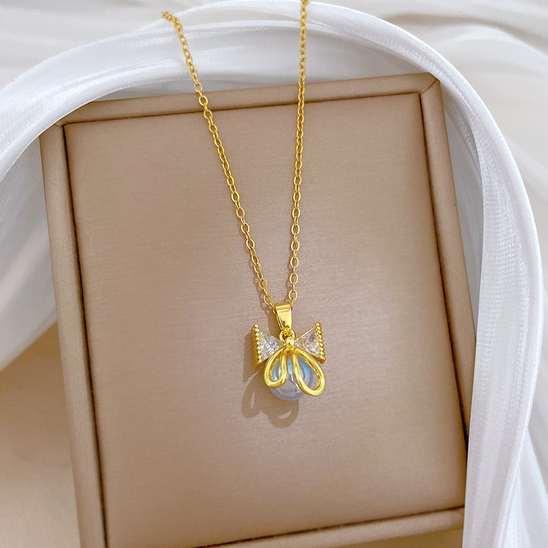 Edle Perlen Schleifen Halskette Diamant Titanium Stahl Kette_voghion.com
