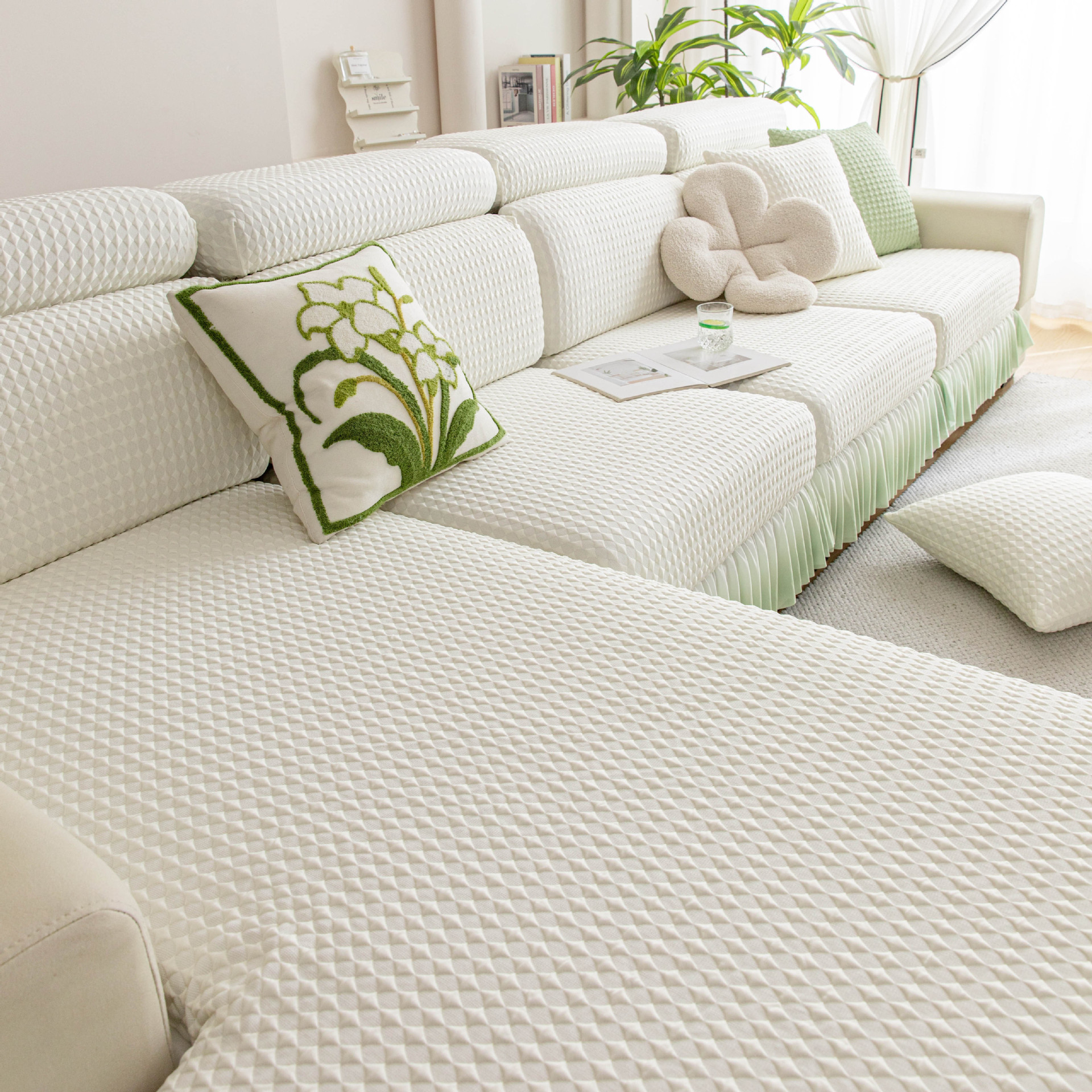 Summer Sofa Cover with Skirt, Cool Ice Silk Sofa Cover, Full Cover, Three-Seater and Chaise Universal Cover