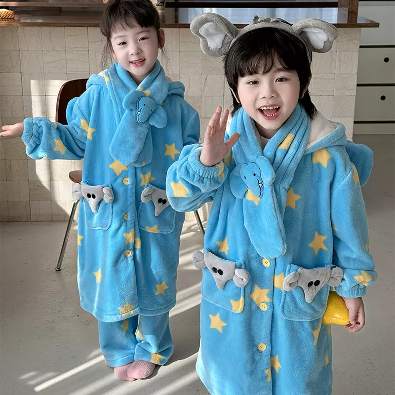 秋冬款加厚保暖蓝色笨笨星星大象分体睡衣套装法兰绒儿童家居服