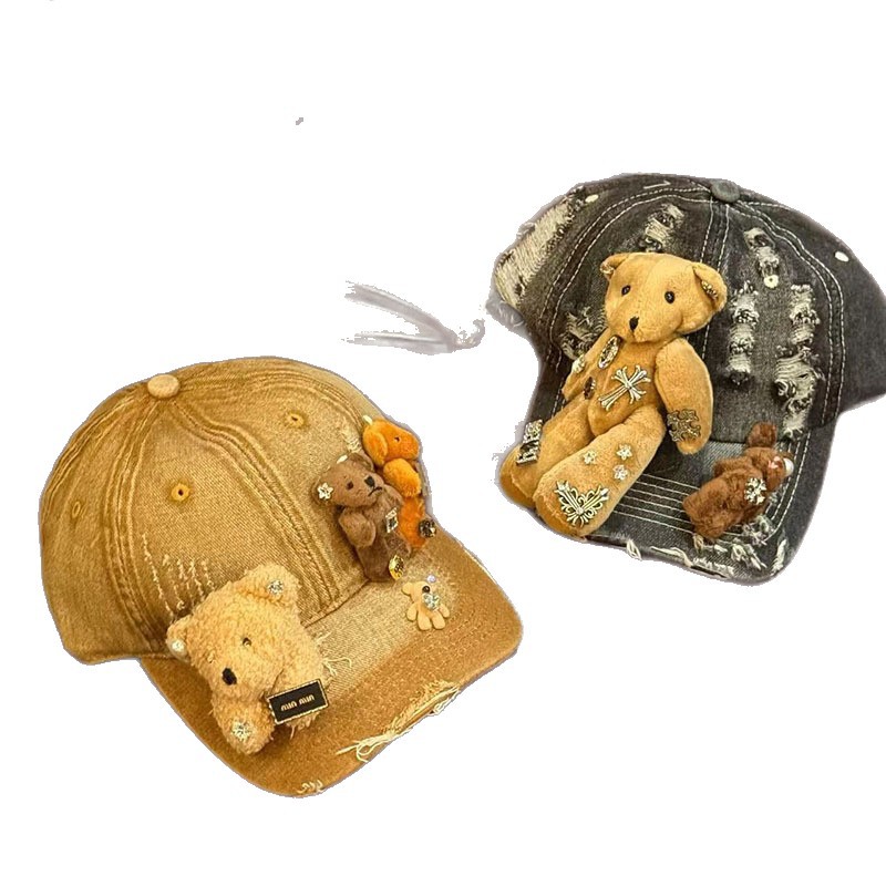 Cute Denim Baseball Cap For Women With Little Bear Patch_voghion.com