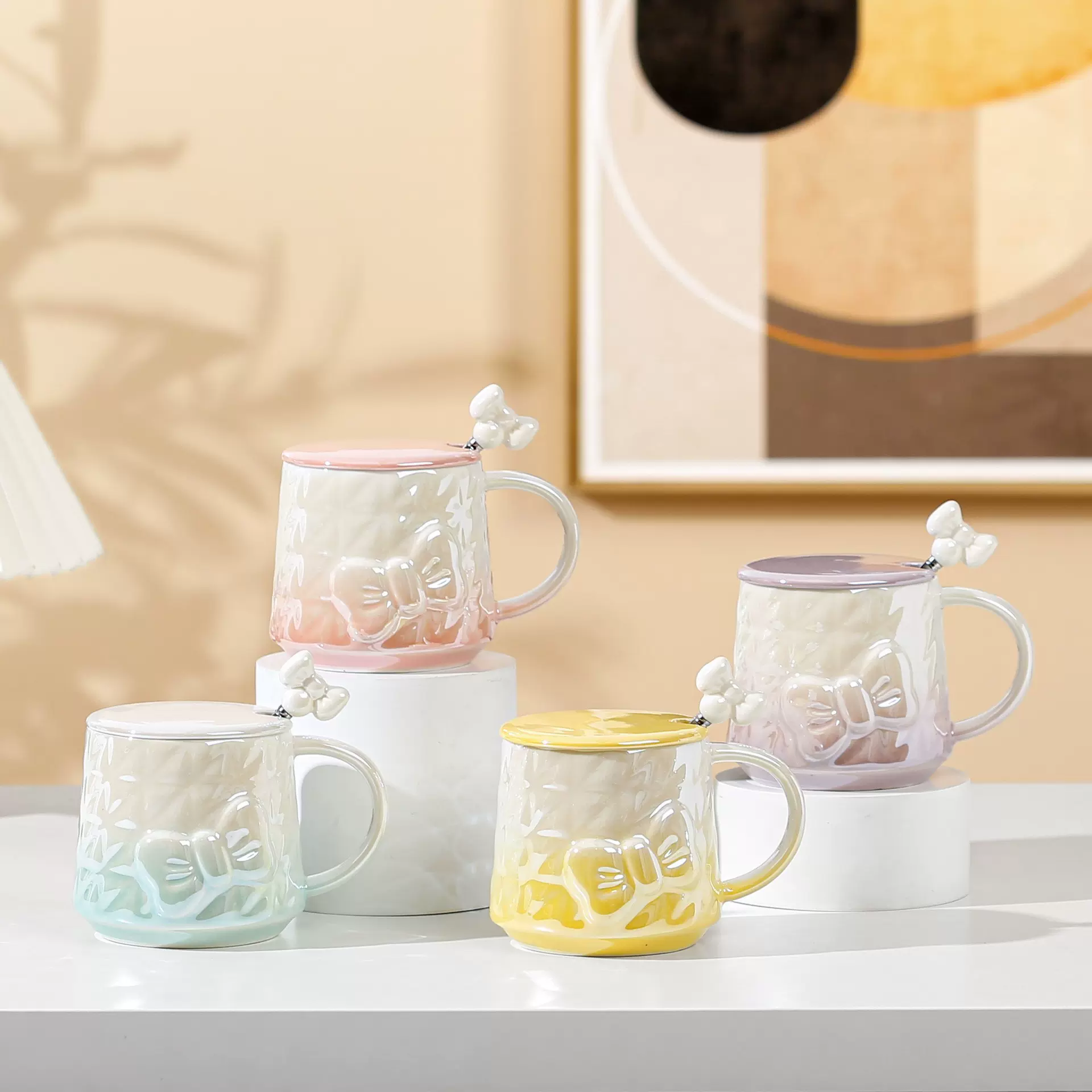 创意可爱蝴蝶结陶瓷杯情侣网红马克杯随手礼水杯套装礼品渐变特色