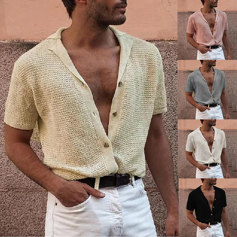 European and American Fashion Men's Cardigan Casual Lapel Short-Sleeved Top Knitted Single-Breasted Cardigan Cross-Border Men's Sweater