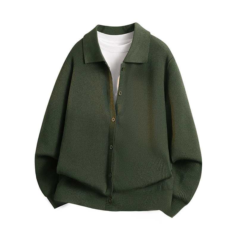 2025 New Military Green Lapel Knitted Polo Collar Shirt Jacket Men's Spring & Fall Korean Style Simple Sweatshirt Men's Senior