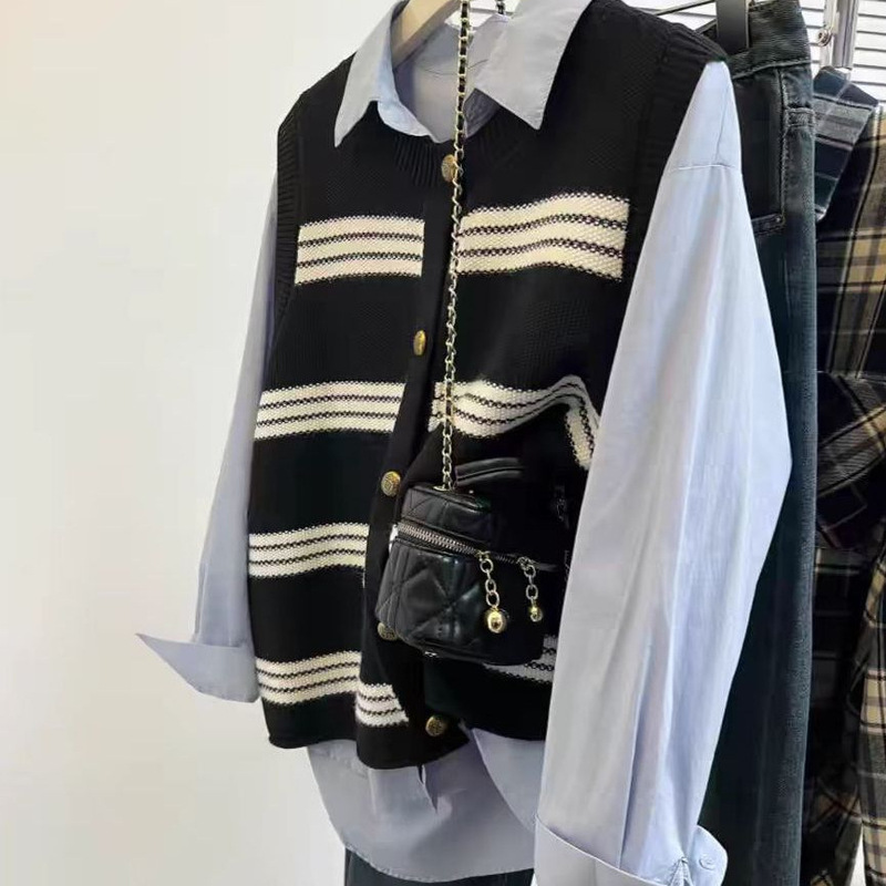 Knitted Cardigan Vest Women's Shirt Two-Piece Set Autumn and Winter New Loose Layered Spring and Autumn Waistcoat Vest
