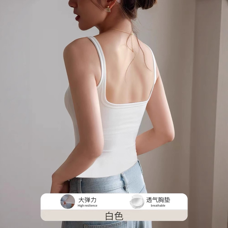 Beautiful Back One-piece Vest Thin Shoulder Strap with Anti-walking Summer Square Collar Sling with Chest Pad Sleeveless Base Top Beautiful Back One-piece Vest Thin Shoulder Strap with Anti-walking Summer Square Collar Sling with Chest Pad Sleeveless Base Top