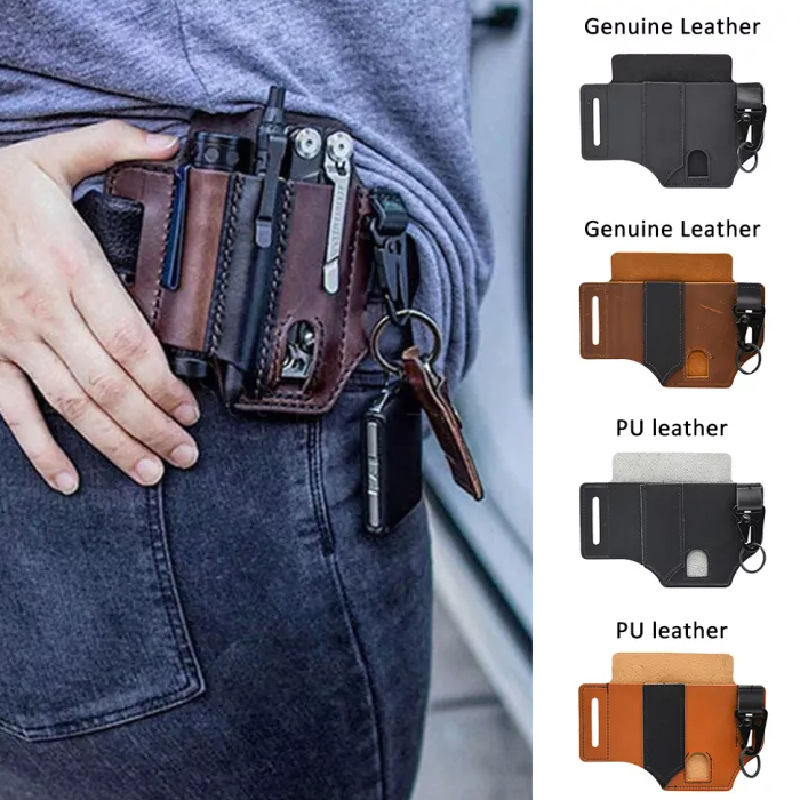 EDC al aire libre herramienta de cuero caso de cuero linterna de supervivencia al aire libre integrado de cuero de vaca herramienta caso de cuero cuchillo caso