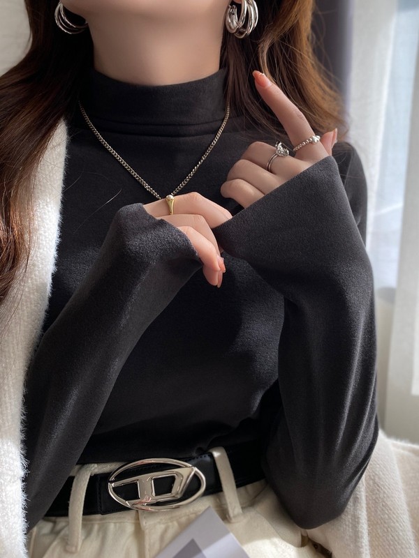 蓝色高领内搭打底衫女加绒保暖2025年新款德绒长袖修身设计感上衣|undefined