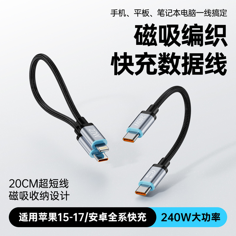 Short Data Cable 240W Fast Charging Dual Type-C Interface Magnetic Suction Suitable for Apple and Huawei Mobile Phones Short Cable Portable Short Data Cable 240W Fast Charging Dual Type-C Interface Magnetic Suction Suitable for Apple and Huawei Mobile Phones Short Cable Portable