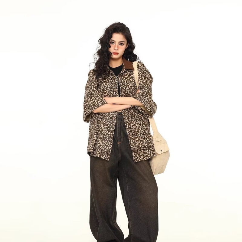 Cross-Border Leopard Print Short-Sleeve Women's Summer Shirt with a Stylish Design, Trendy Brand, Handsome Hong Kong Style Shirt