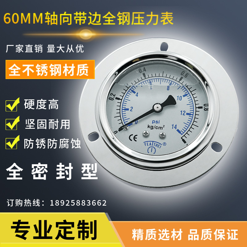 专业压力表厂家直销60MM轴向带边全不锈钢压力表耐高温压力表