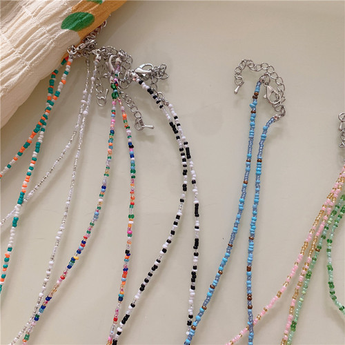 Korean retro colored beaded rice bead necklace girl-style rainbow rice bead necklace bohemian color necklace